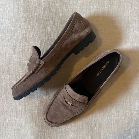 Veronica Beard Shoes - Veronica Beard Taupe Suede Penny Loafers